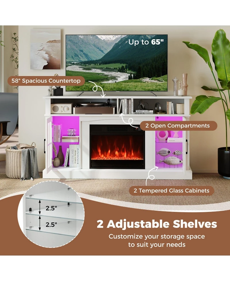 Gouun 58 in Fireplace Tv Stand with Led Lights and Glass Door Cabinets