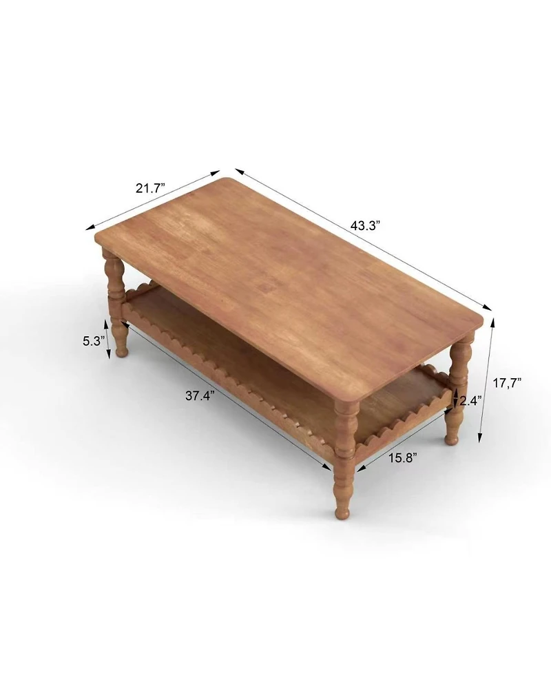Rainsken Rectangle Coffee Table, Solid Wood Center Table, Farmhouse 2-Tier Sofa Table, Wave-Edge Design for Living Room