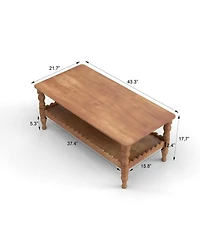 Rainsken Rectangle Coffee Table, Solid Wood Center Table, Farmhouse 2-Tier Sofa Table, Wave-Edge Design for Living Room