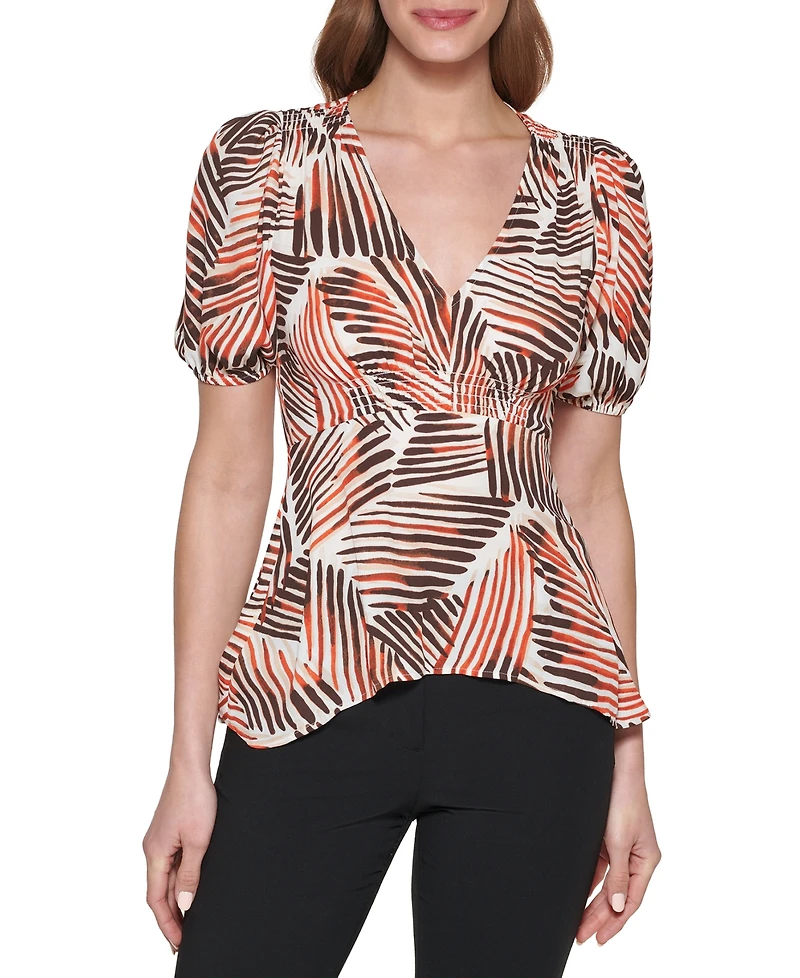 Dkny Petite Short-Sleeve Printed V-Neck Blouse
