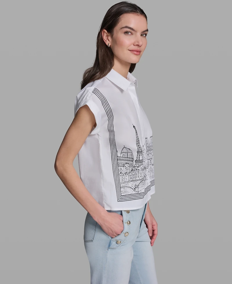 Karl Lagerfeld Paris Petite Bow Scenic Poplin Collared Shirt