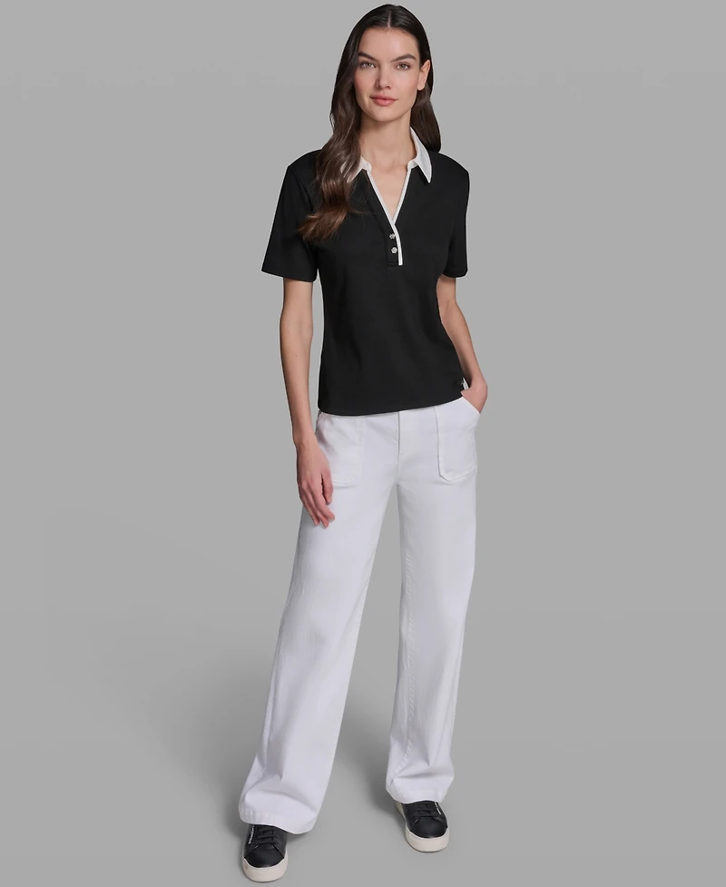 Karl Lagerfeld Paris Petite V-Neck Polo Collar Top