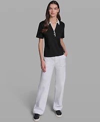 Karl Lagerfeld Paris Petite V-Neck Polo Collar Top