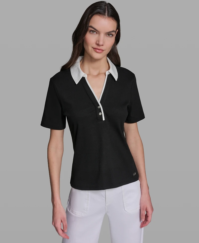 Karl Lagerfeld Paris Petite V-Neck Polo Collar Top