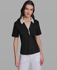 Karl Lagerfeld Paris Petite V-Neck Polo Collar Top