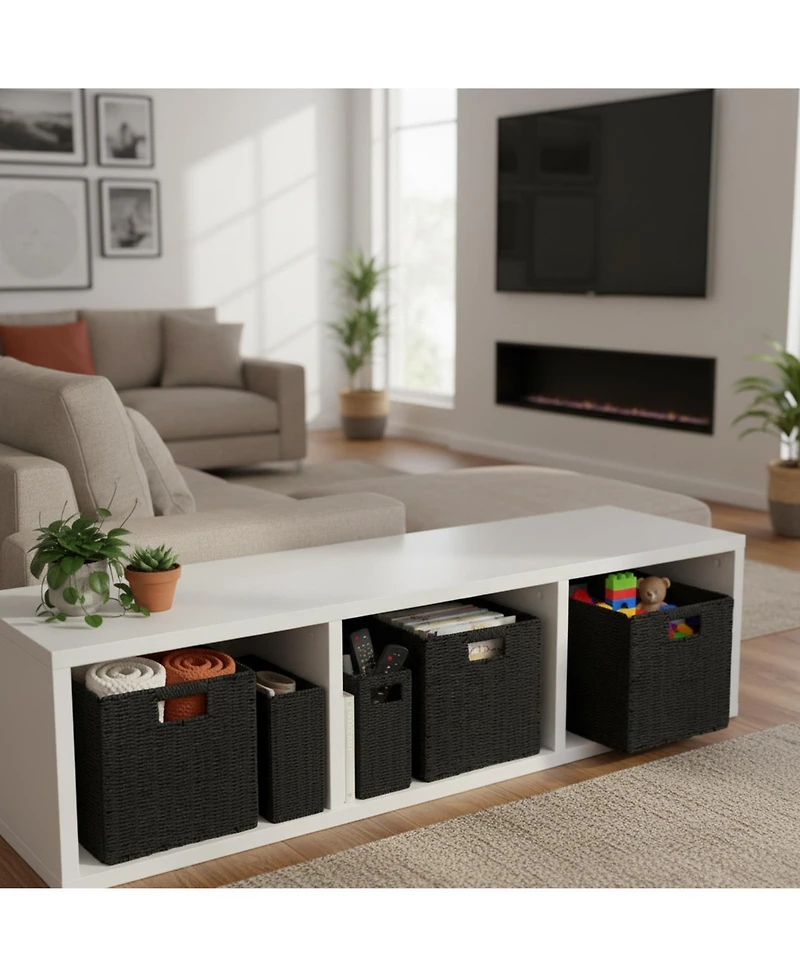 Yigii 3 Pack Wicker Storage Baskets Foldable Handwoven Square Organizer Bins Rustic Decorative Shelf Closet Organizers