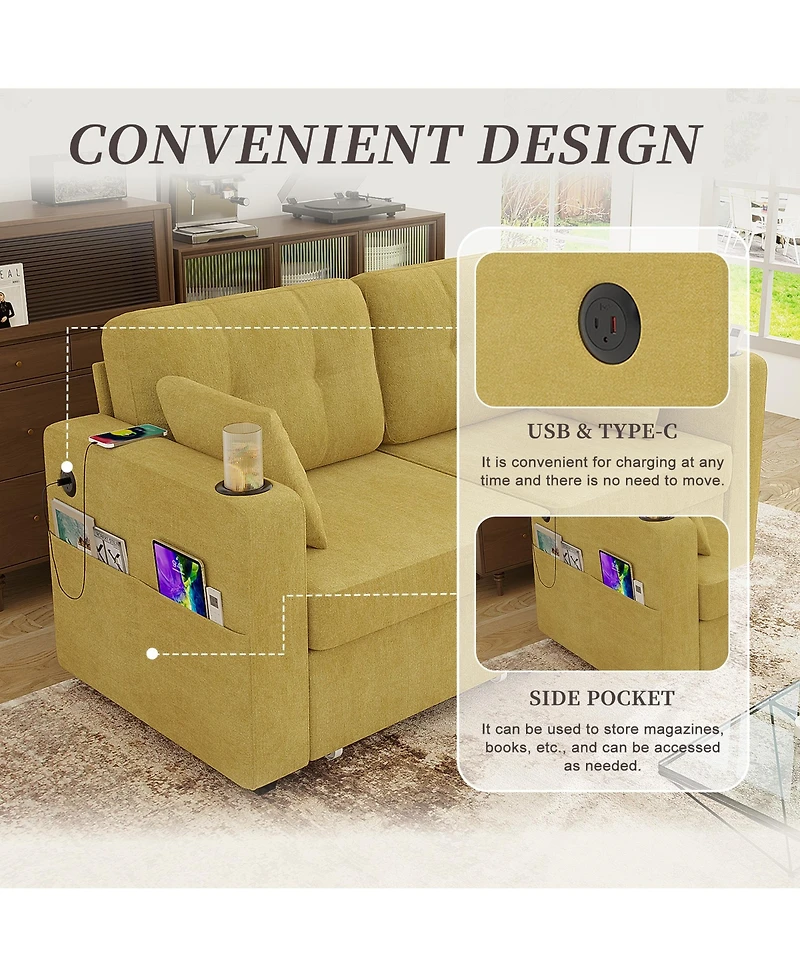 Rainsken Compact Loveseat Sofa, 67" Chenille 2-Seater Couch Featuring Storage, Usb Charging and Cup Holder for Small Spaces