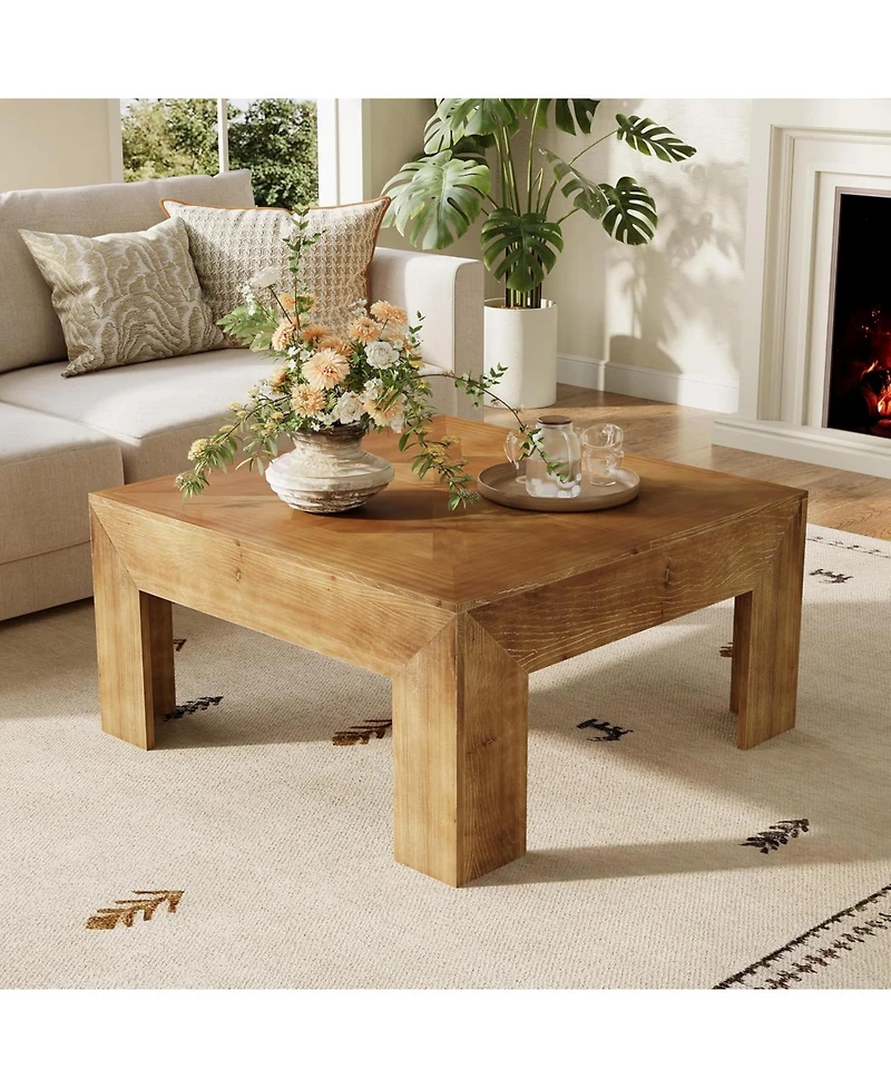 Tribesigns 39.4" Solid Wood Coffee Table, Square Coffee Table with Intricate Inlaid Top and Sturdy Legs, Rustic Center Tables