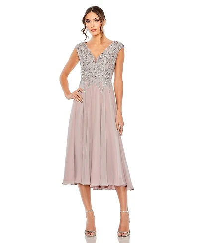 Mac Duggal Women's Embroidered Beaded Midi Dress with Cap Sleeves