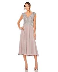 Mac Duggal Women's Embroidered Beaded Midi Dress with Cap Sleeves