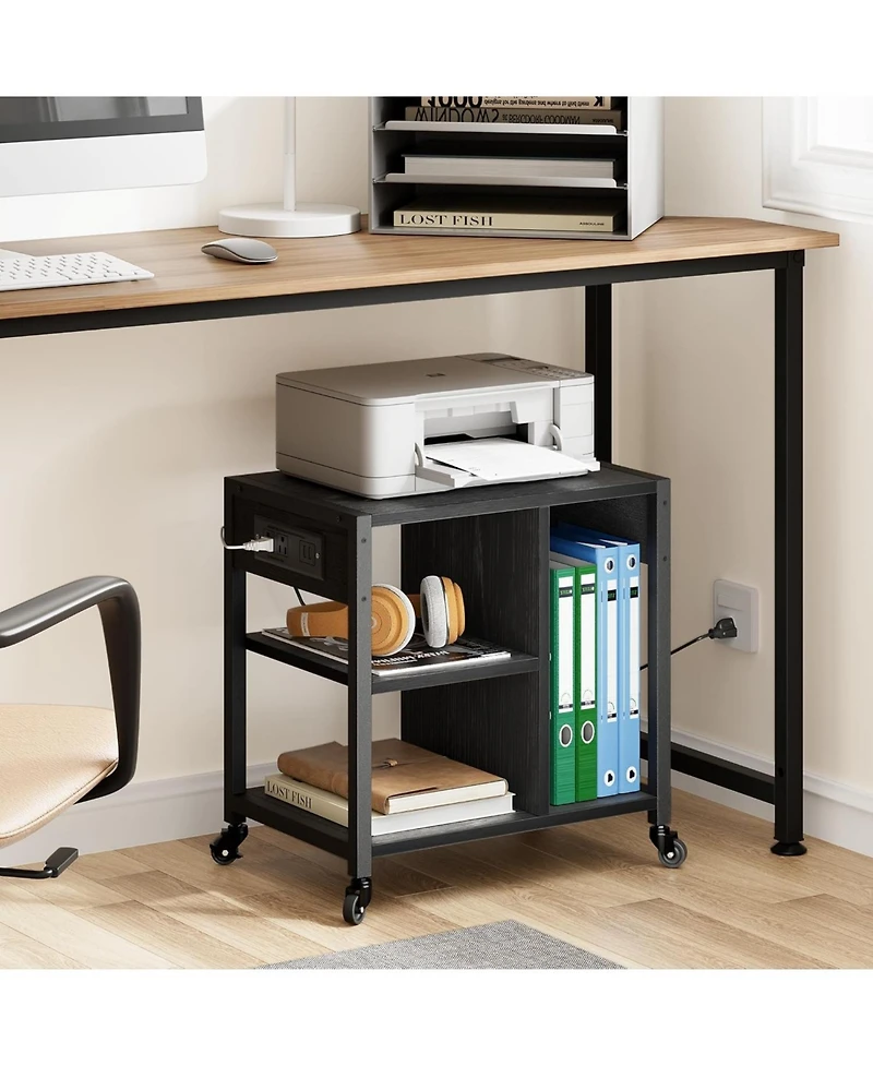 gaomon 18” Mobile Printer Stand with Outlets, Usb, 3/4-Tier Rolling Storage Cart, Shelves, Locking Casters, Compact Table for Office