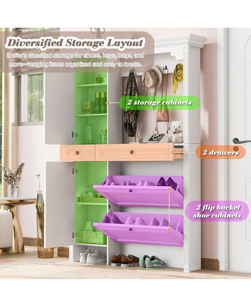 Flynama 54.7in Hall Tree 4in1 Entryway Storage Shoe Cabinet Mirror Hooks Bench