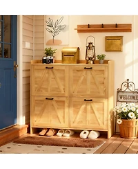 Flynama Rustic Barn Door Shoe Cabinet 4 Flip Drawers Space Saving Entryway Organizer