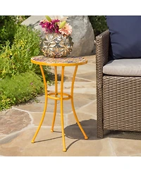 Clihome Outdoor Side Table with Tile Mosaic Table Top and Metal Legs
