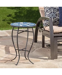 Clihome Outdoor Round Side Table with Mosaic-Style Top and Curved Iron Legs, End Table