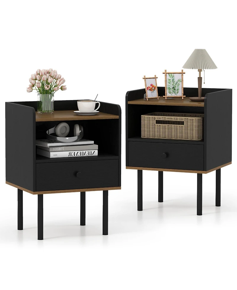 sumyeg Set of 2 Nightstands with Drawer, 3-Tier Sofa Side Tables with Open Storage Shelf