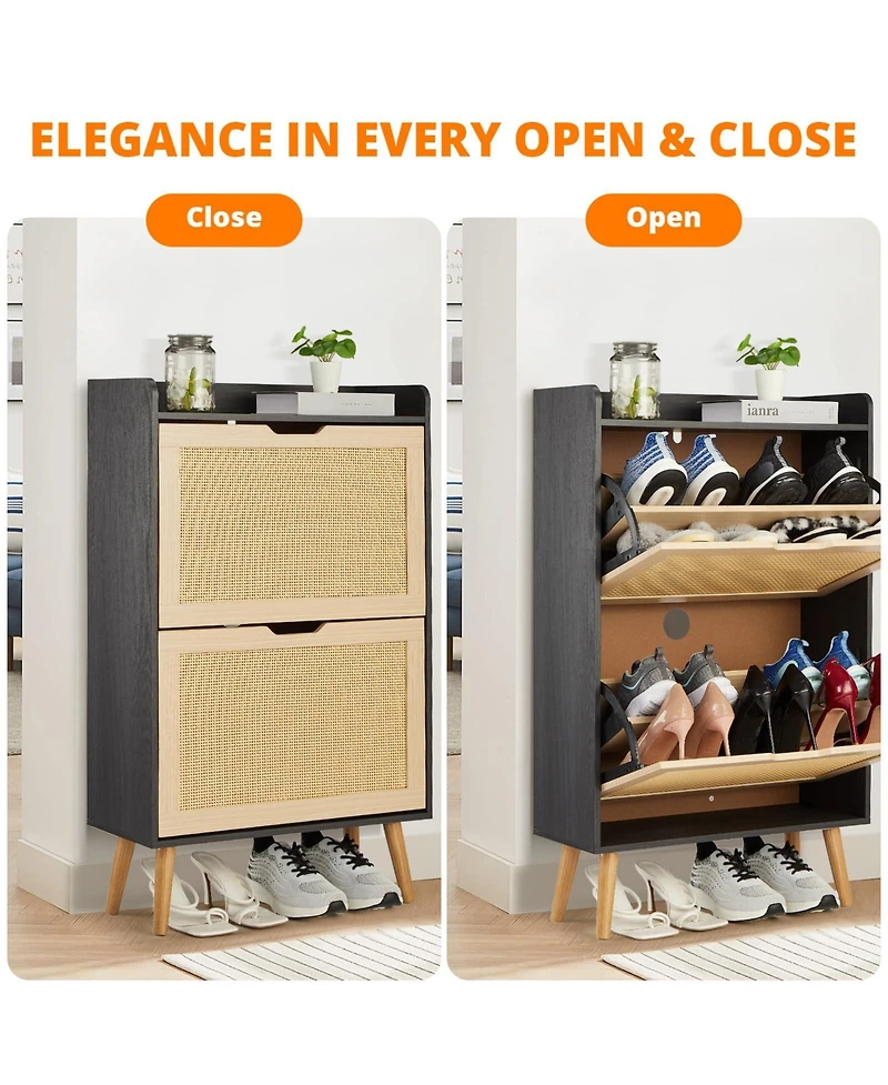 Homfan Rattan Shoe Cabinet with 2 Flip Drawers, 9.25 Inch Depth, Slim Entryway Storage