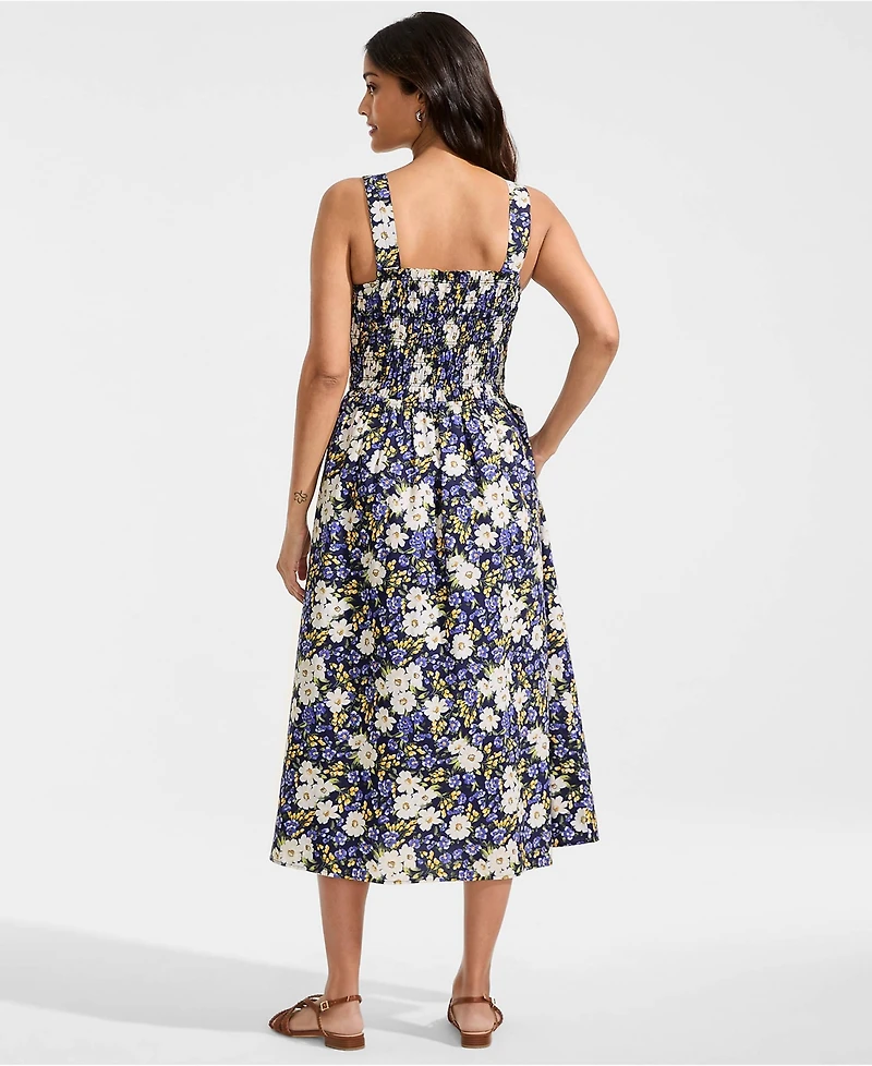 Lands' End Women's Poplin Smocked Bodice Midi Dress