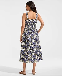 Lands' End Women's Poplin Smocked Bodice Midi Dress