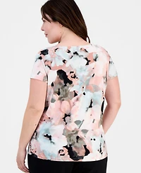 Kasper Plus Printed Cowlneck Cap-Sleeve Top