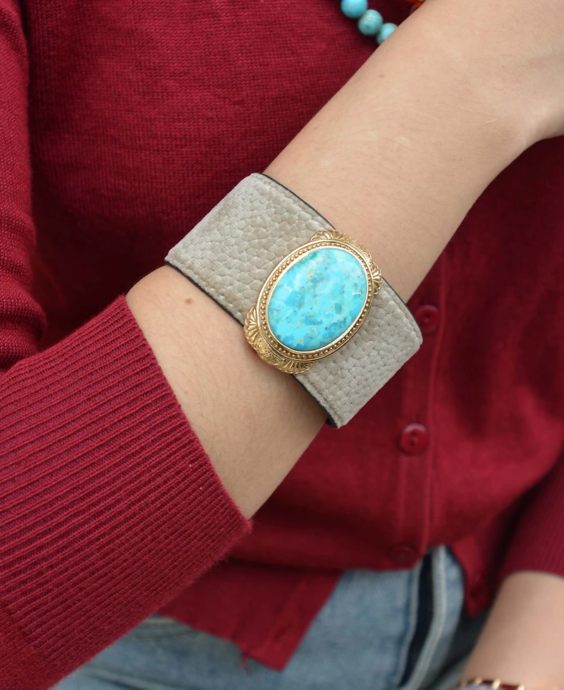 Barse Blue Turquoise Velvet Cuff Golden Bracelet