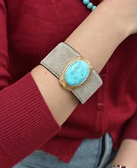 Barse Blue Turquoise Velvet Cuff Golden Bracelet