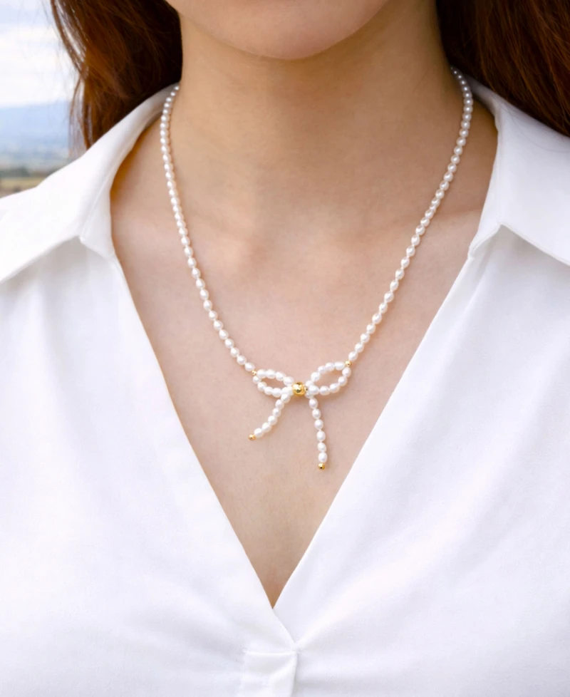 Barse White Freshwater Pearl Bow Golden Necklace