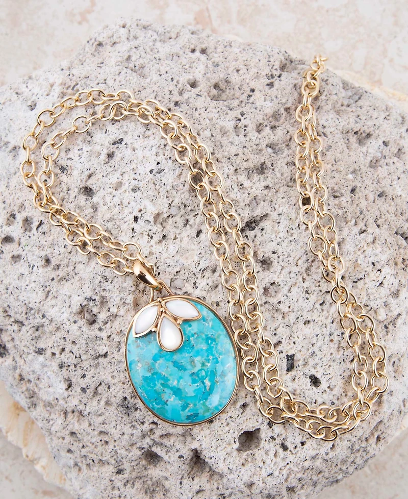 Barse Turquoise and White Mother of Pearl Petal Golden Pendant Necklace