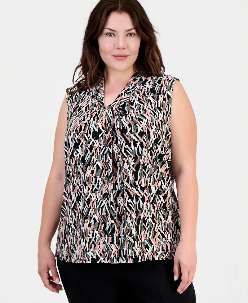 Kasper Plus Printed Knot-Neck Sleeveless Top