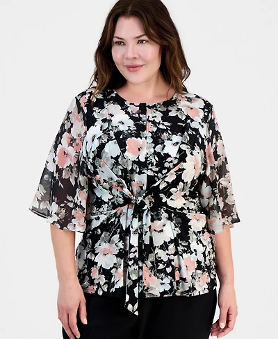 Kasper Plus Printed Knot-Front Flutter-Sleeve Top
