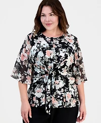 Kasper Plus Printed Knot-Front Flutter-Sleeve Top