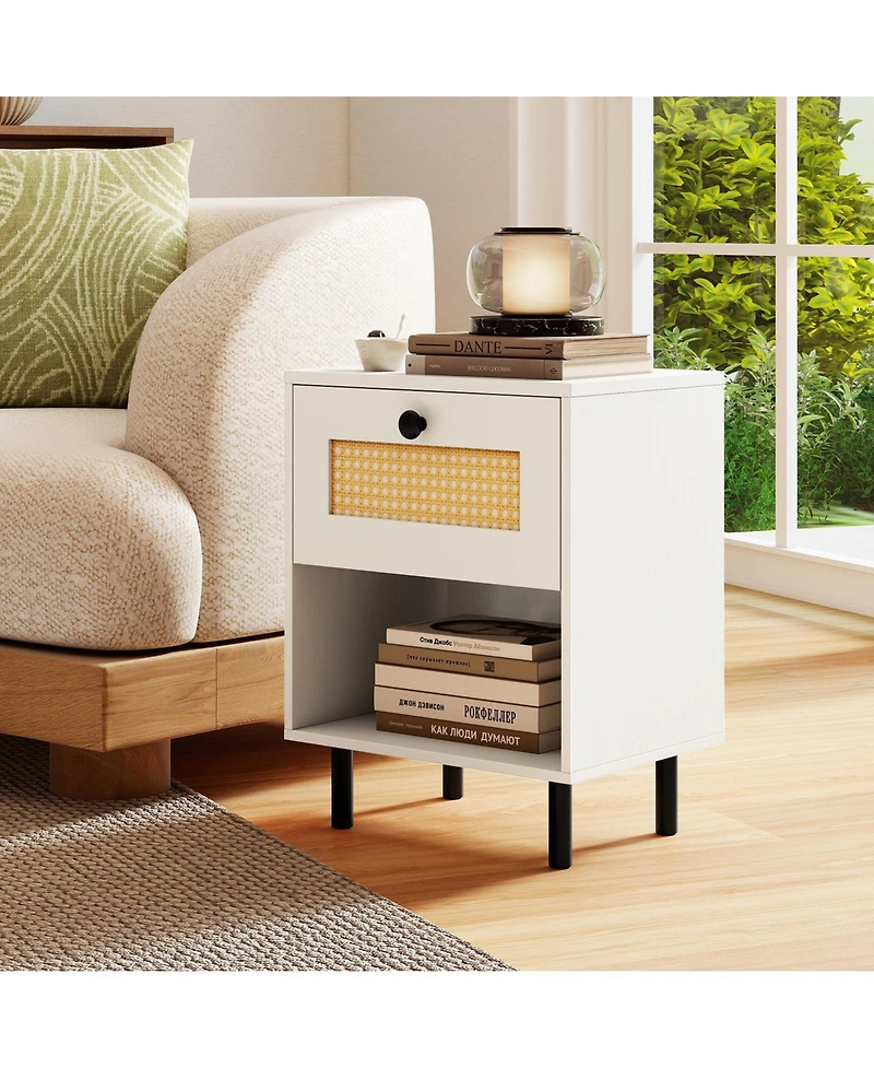 sumyeg Rattan Nightstand Boho End Table with Rattan Drawer and Open Shelf
