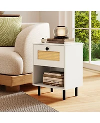 sumyeg Rattan Nightstand Boho End Table with Rattan Drawer and Open Shelf