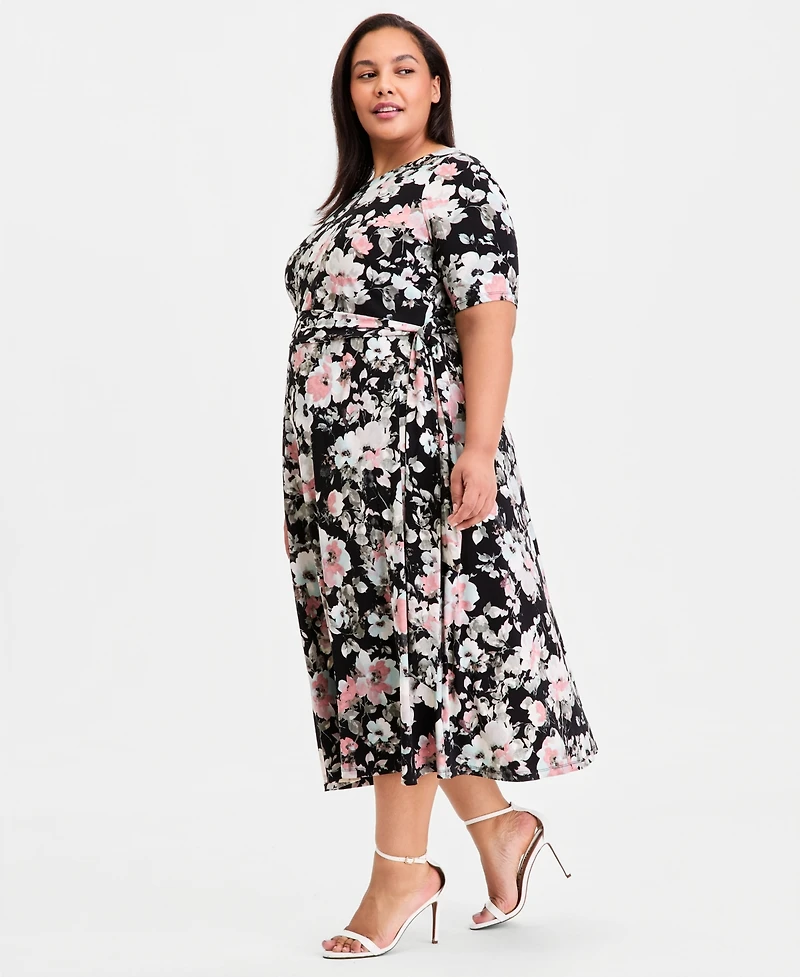 Kasper Plus Elbow-Sleeve Belted Midi Dress