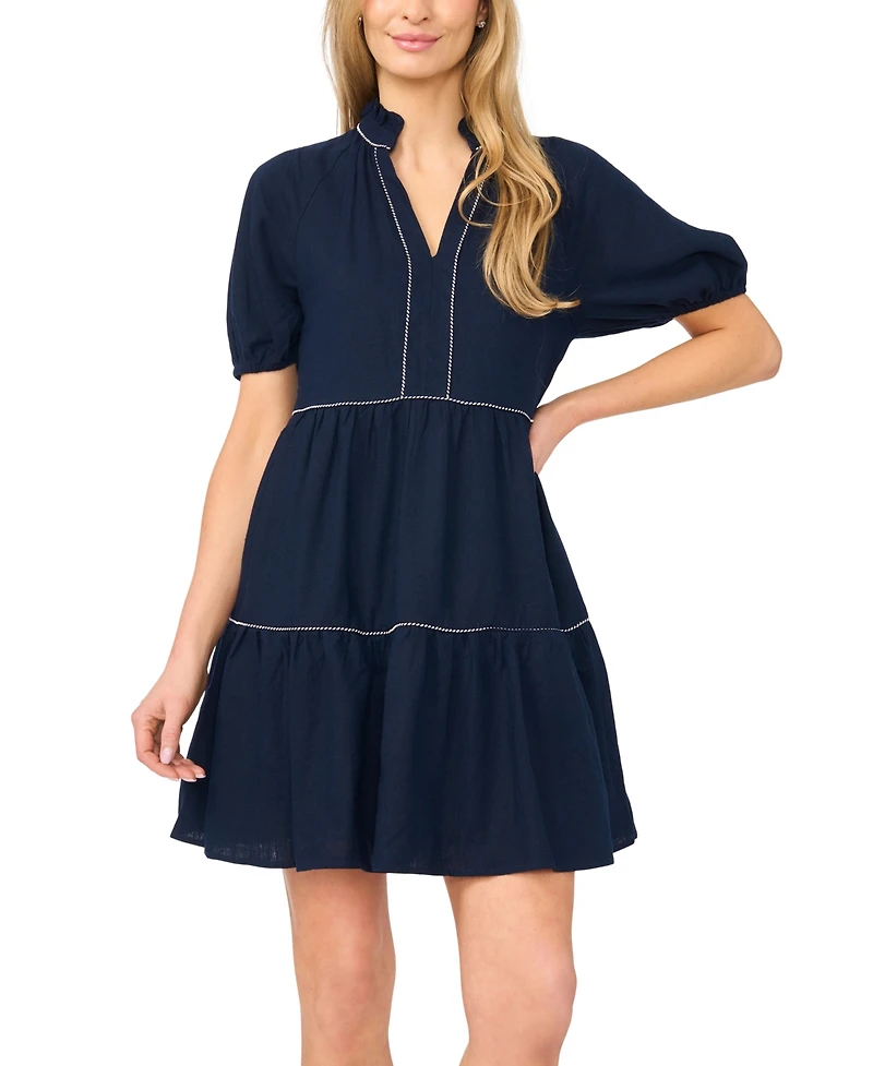CeCe Women's Split Neck Short-Sleeve Babydoll Dress
