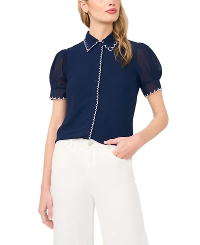 CeCe Women's Scallop Contrast Trim Button Up Top