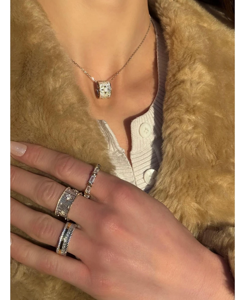 Suzy Levian New York Sterling Silver Cubic Zirconia Brushed Italian Florentine Extra Wide Band Eternity Ring