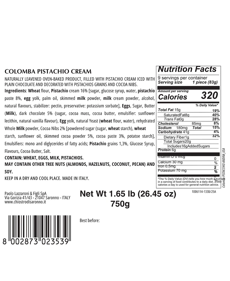 Chiostro di Saronno Zia Pia Pistachio Cream Colomba Easter Cake, 26.5 oz.