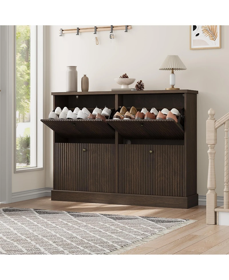 homfan Fluted Shoe Cabinet with 4 Flip Drawers, Adjustable Shelves and Hidden Entryway Storage