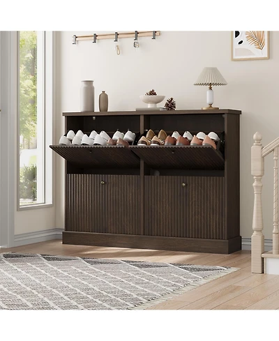 homfan Fluted Shoe Cabinet with 4 Flip Drawers, Adjustable Shelves and Hidden Entryway Storage