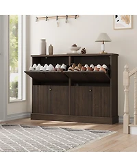 homfan Fluted Shoe Cabinet with 4 Flip Drawers, Adjustable Shelves and Hidden Entryway Storage