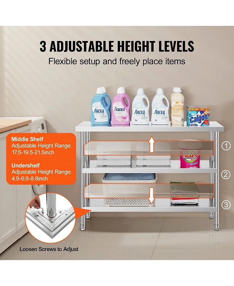 Sugift Stainless Steel Food Prep Table 14 x 48 x 34 in with Adjustable Undershelf for Kitchen