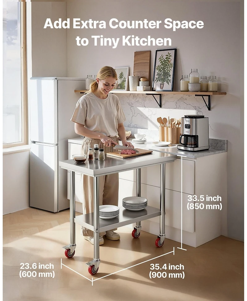 Sugift Stainless Steel Food Prep Worktable 24 x 35.4 in With Wheels for Commercial Use