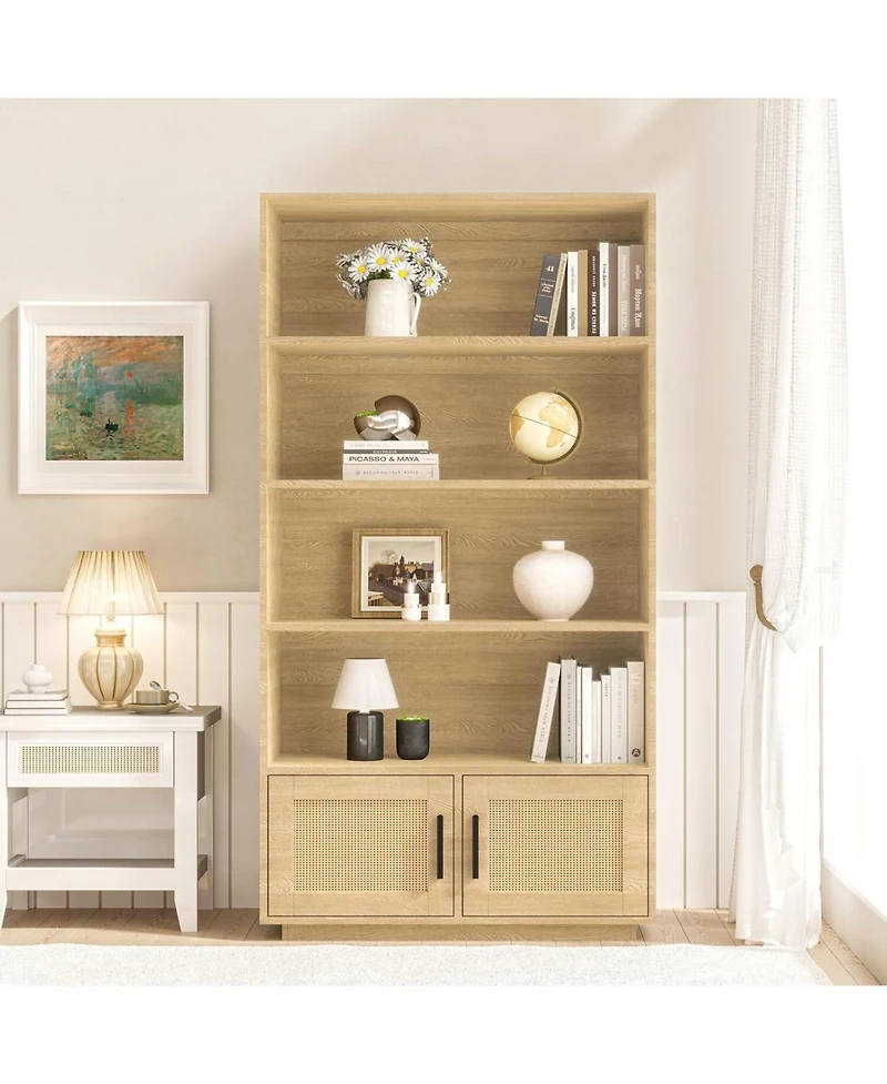 gaomon 5 Tier Wooden Bookcase with Rattan Door Cabinet