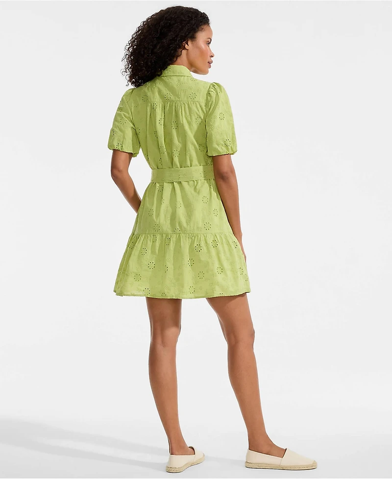 Lands' End Women's Elbow Sleeve Eyelet Knee Length Shirt Dress