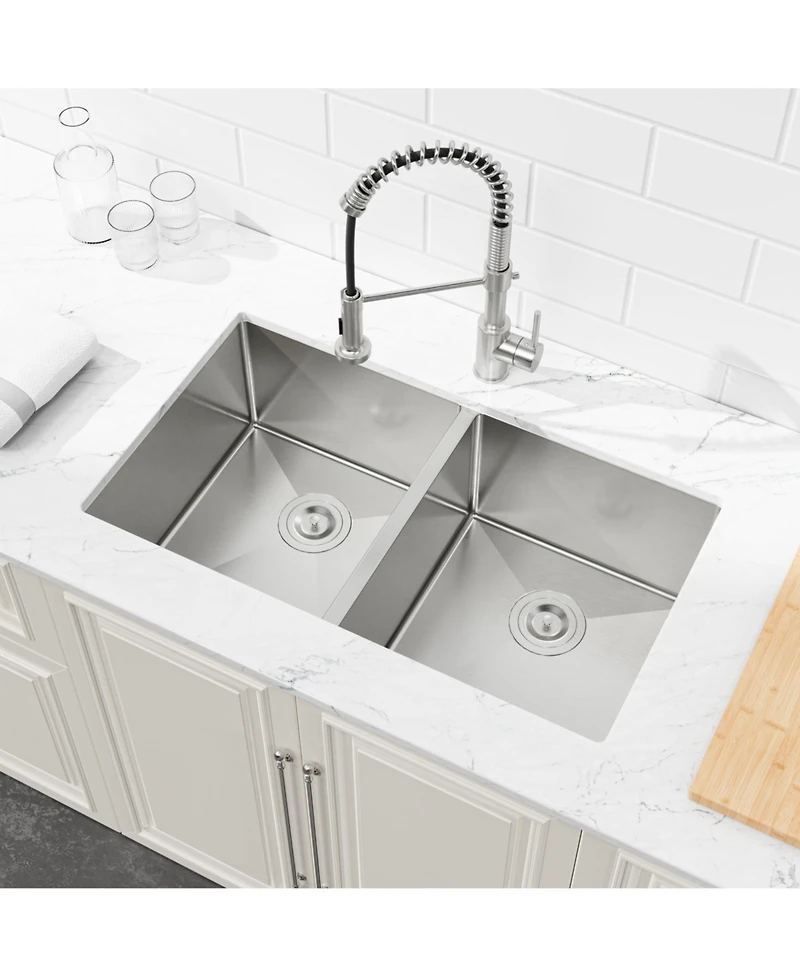 Busdays 33 x 19 Inch Embedded Double Bowl Kitchen Sink Undermount Handmade Brushed Stainless Steel