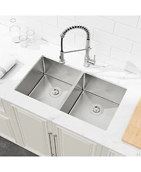 Busdays 33 x 19 Inch Embedded Double Bowl Kitchen Sink Undermount Handmade Brushed Stainless Steel