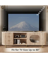 Rainsken 69" Curved Tv Stand for TVs Up to 80 Inches, Modern Media Console Table with Wavy Acrylic Doors and Large Storage for Living Room