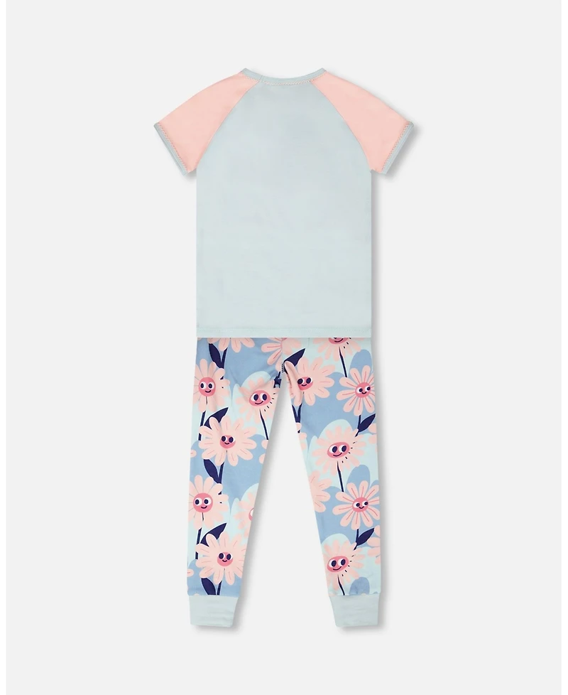 Deux par Deux Little Girls Cotton Two-Piece Pyjama Set Smiling Flower Print