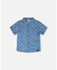 Deux par Deux Little Boys Short Sleeve Chambray Shirt Blue Palm Print